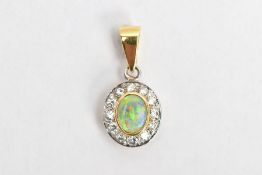 AN 18CT GOLD OPAL AND DIAMOND PENDANT, of an oval form, centring on a collect mounted oval cut opal,