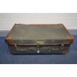 A VINTAGE GREEN FINISH AND LEATHER TRAVELING TRUNK, width 84cm x depth 46cm x height 33cm (Sd to
