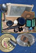 A BOX OF METALWARES AND OTHER VINTAGE ITEMS, to include a plated trophy, unengraved, made by The