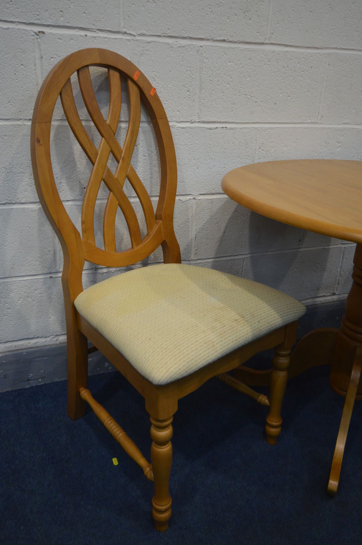 A BEECH DROP LEAF KITCHEN PEDESTAL TABLE, open diameter 92cm x height 73cm and two chairs (3) - Image 2 of 2