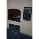 THREE VARIOUS WALL MIRRORS, to include a mid-20th century teak wall mirror, a mahogany over mantle