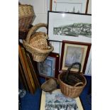 A QUANTITY OF PICTURES AND BASKETS to include six baskets and a small wooden trug, length 26cm,