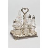 A VICTORIAN SEVEN PIECE SILVER AND GLASS CRUET SET, to include six matching glass bottles and one