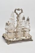 A VICTORIAN SEVEN PIECE SILVER AND GLASS CRUET SET, to include six matching glass bottles and one