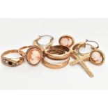 SEVEN ITEMS OF JEWELLERY, to include a 9ct gold cameo ring, a pair of 9ct gold cameo stud