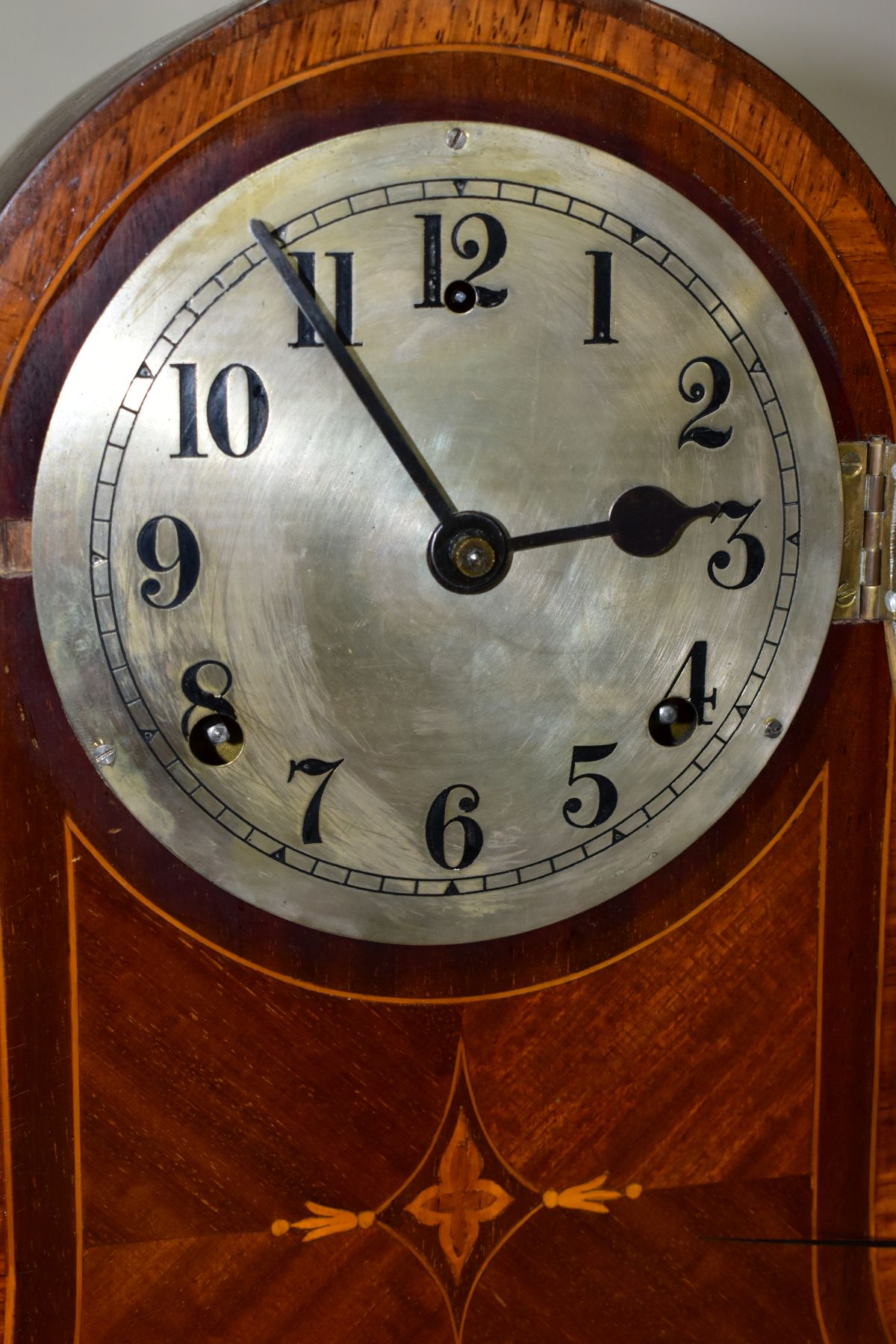 AN EDWARDIAN MAHOGANY AND INLAID MANTEL CLOCK, circular silvered dial with Arabic numerals, eight - Image 2 of 6