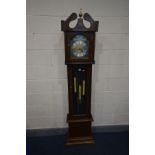 AN OAK LONGCASE CLOCK, with a brass and silvered dial, and Tempus Fugit to arch, height 199cm (three