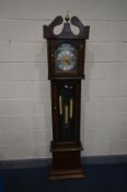 AN OAK LONGCASE CLOCK, with a brass and silvered dial, and Tempus Fugit to arch, height 199cm (three