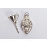 A WHITE METAL SCENT BOTTLE WITH FUNNEL, the bottle decorated with an embossed floral design, with