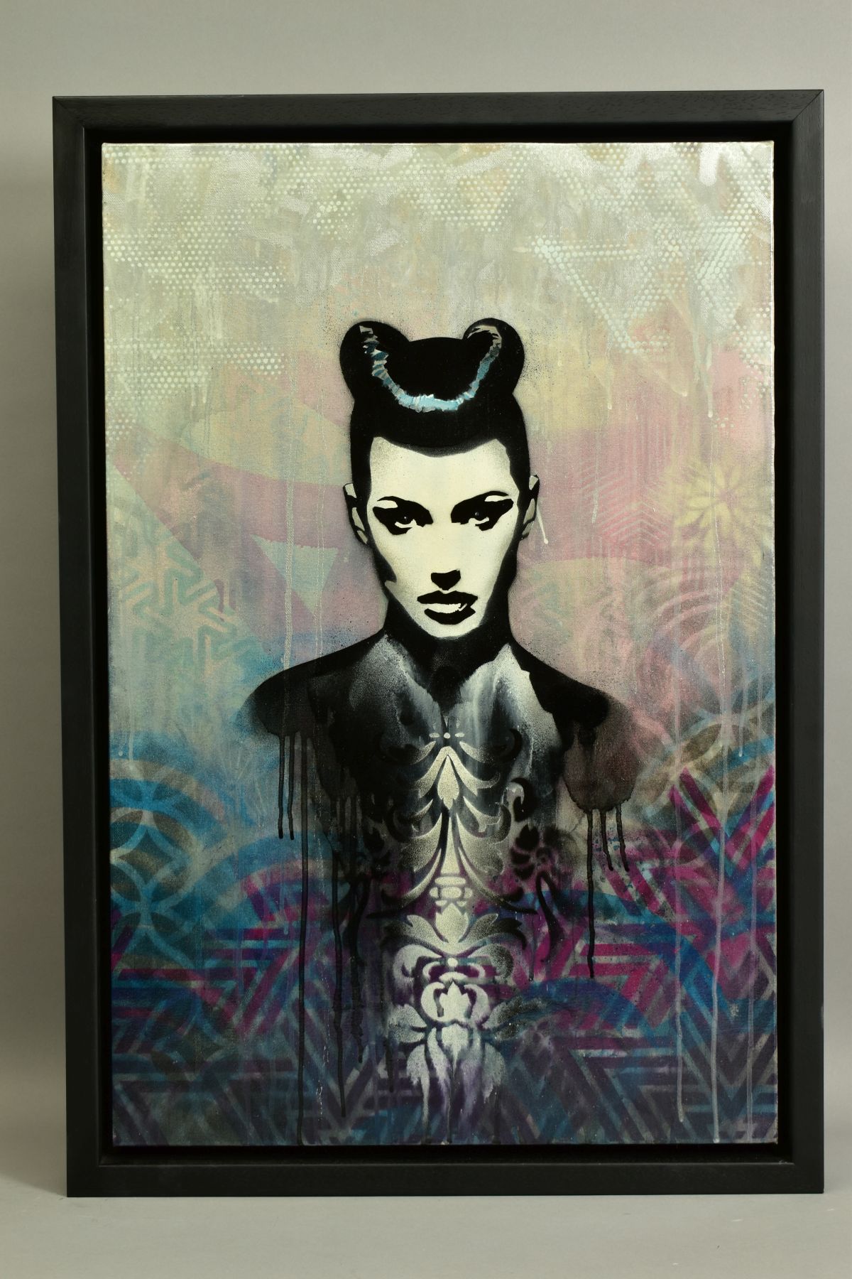 TROIKA (CONTEMPORARY) 'DARK HUMOUR', a stencil portrait of a female figure, signed verso, mixed