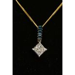 A YELLOW METAL DIAMOND PENDANT NECKLACE, the pendant set with four princess cut diamonds,