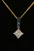A YELLOW METAL DIAMOND PENDANT NECKLACE, the pendant set with four princess cut diamonds,