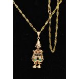 A 9CT GOLD CLOWN PENDANT NECKLACE, the small articulated clown pendant, set with colourful stones to