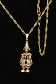 A 9CT GOLD CLOWN PENDANT NECKLACE, the small articulated clown pendant, set with colourful stones to