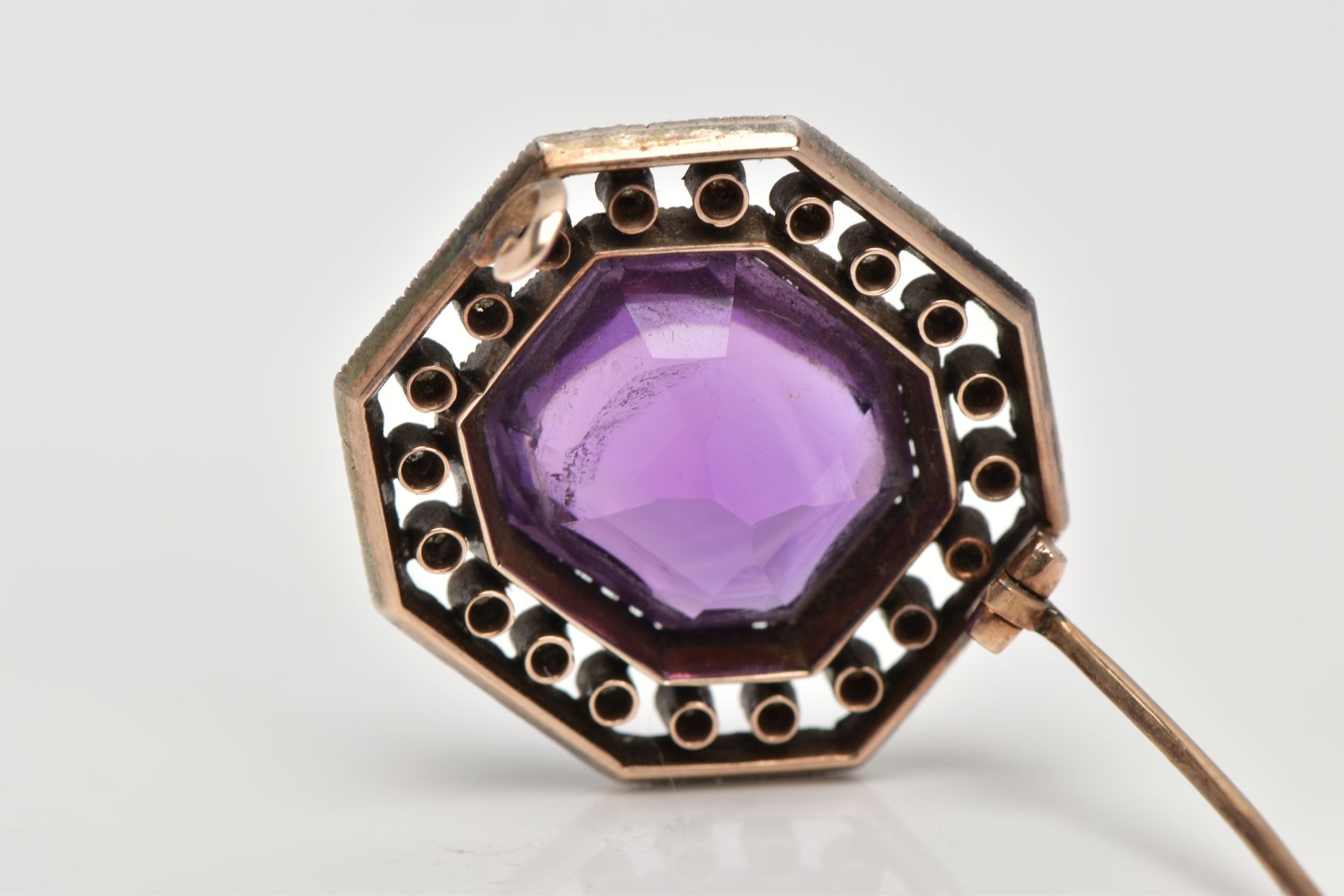 A LATE VICTORIAN AMETHYST AND ROSE CUT DIAMOND BROOCH, centring on a cushion cut amethyst, within an - Image 5 of 5