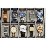 A HINGED LEATHER WATCH CASE CONTAINING TWELVE GENTLEMEN'S WRISTWATCHES, to include Accurist,