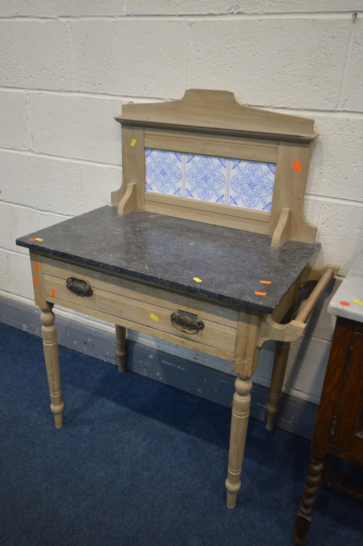 AN OAK MARBLE TOP WASHSTAND, with a circular marble back, width 92cm x depth 42cm x height 115cm and - Image 3 of 3
