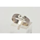 AN 18CT WHITE GOLD WEDDING BAND, engraved floral design, hallmarked 18ct gold Birmingham, ring