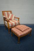 A BEECH LOUIS XVI STYLE ARMCHAIR with stripped upholstery, a matching framed footstool with tartan