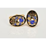 A PAIR OF 9CT GOLD ENAMELLED CUFFLINKS, each of an oval form, decorated with a black, blue, white