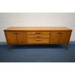 A MID CENTURY DANISH STYLE TEAK 7FT SIDEBOARD, both the fall front cupboard and double cupboard