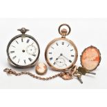 A SILVER OPEN FACE POCKET WATCH, GOLD-PLATED POCKET WATCH, ALBERT CHAIN AND TWO CAMEO BROOCHES,