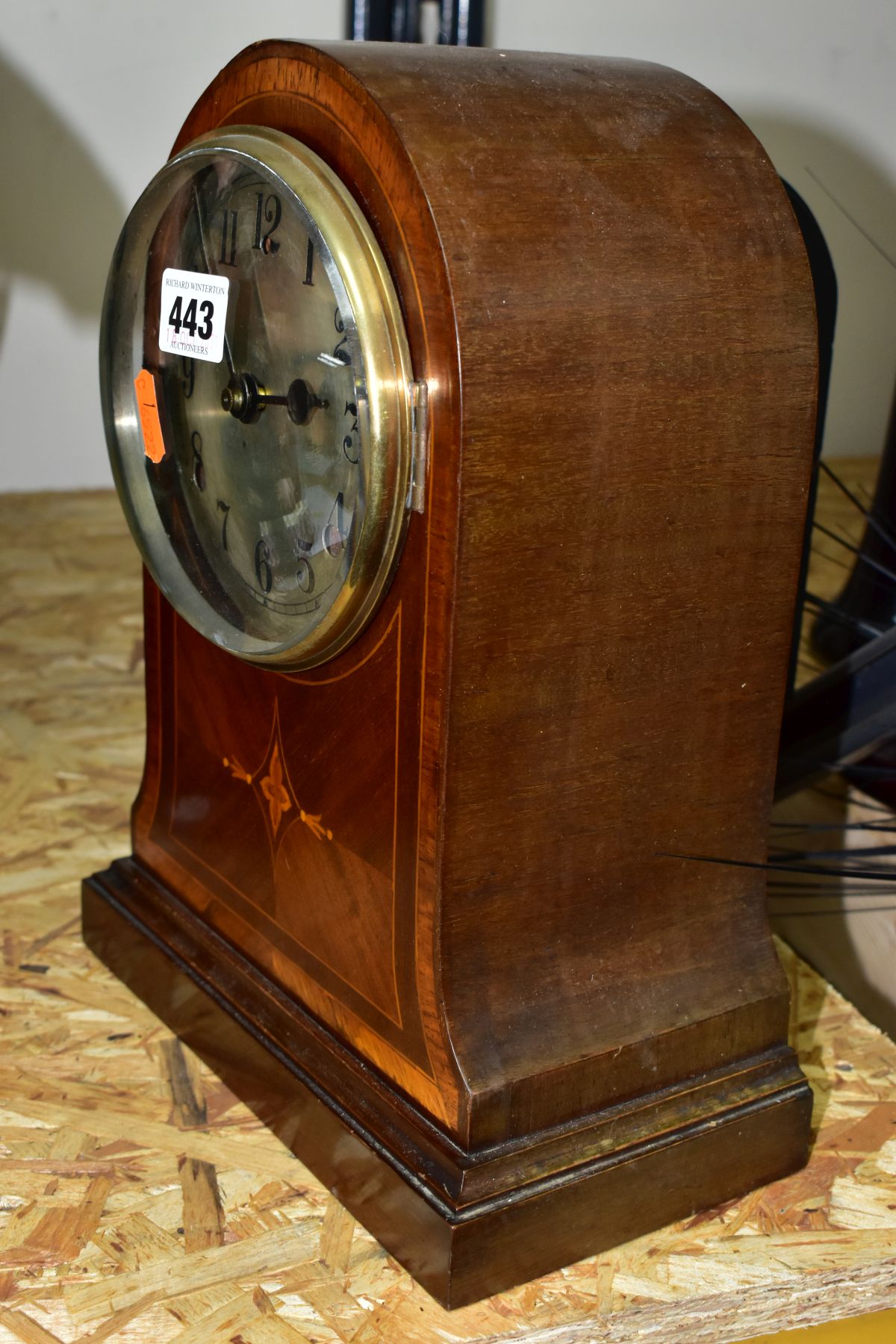 AN EDWARDIAN MAHOGANY AND INLAID MANTEL CLOCK, circular silvered dial with Arabic numerals, eight - Image 4 of 6