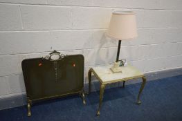 A BRASS AND ONYX OCCASIONAL TABLE, together with a similar table lamp with shade and a brass fire