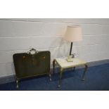 A BRASS AND ONYX OCCASIONAL TABLE, together with a similar table lamp with shade and a brass fire