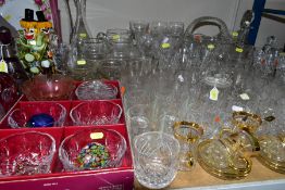 A QUANTITY OF ASSORTED CLEAR AND COLOURED GLASSWARE, including drinking glasses, decanter and