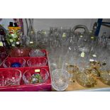 A QUANTITY OF ASSORTED CLEAR AND COLOURED GLASSWARE, including drinking glasses, decanter and