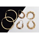 THREE PAIRS OF YELLOW METAL HOOP EARRINGS, the first a pair of bamboo design creole hollow hoops,