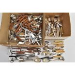 A BOX OF ASSORTED WHITE METAL FLATWARE, to include knives, forks, tablespoons, teaspoons, some
