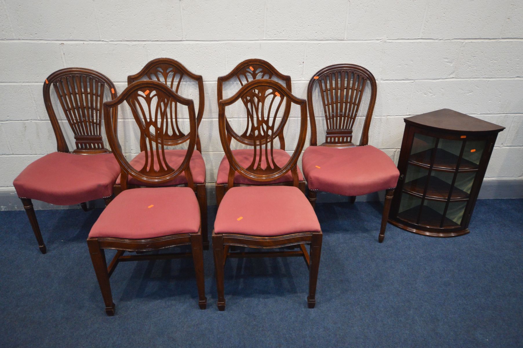 A SET OF FOUR MAHOGANY SHIELD SPLAT BACK CHAIRS, two other chairs, all with matching upholstery,