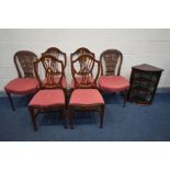 A SET OF FOUR MAHOGANY SHIELD SPLAT BACK CHAIRS, two other chairs, all with matching upholstery,