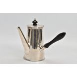 A SILVER CAFE AU LAIT POT, plain polished tapered form, fitted with an ebonised wooden handle and