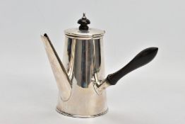 A SILVER CAFE AU LAIT POT, plain polished tapered form, fitted with an ebonised wooden handle and