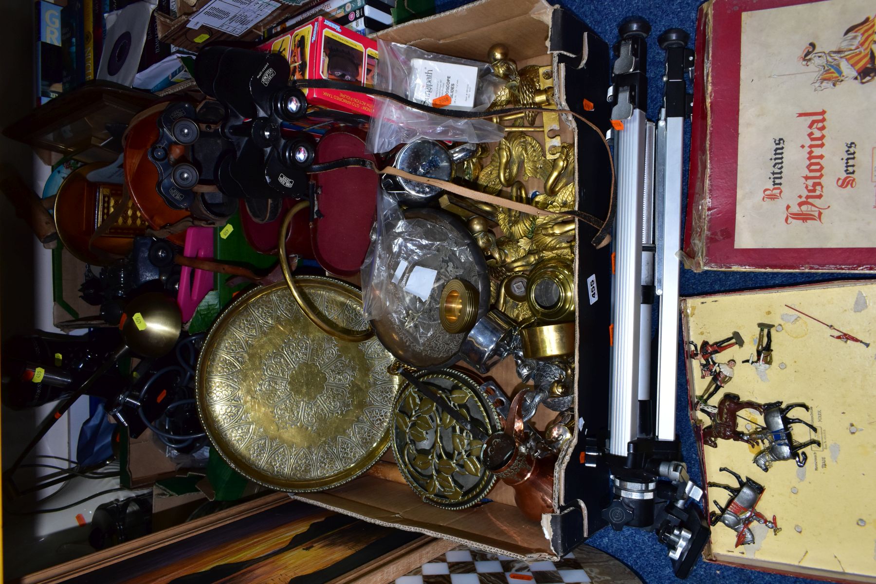 THREE BOXES AND LOOSE METALWARES, LAMPS, PAINTING, MICROSCOPE AND SUNDRY ITEMS, to include