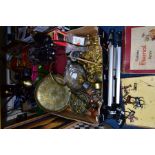 THREE BOXES AND LOOSE METALWARES, LAMPS, PAINTING, MICROSCOPE AND SUNDRY ITEMS, to include