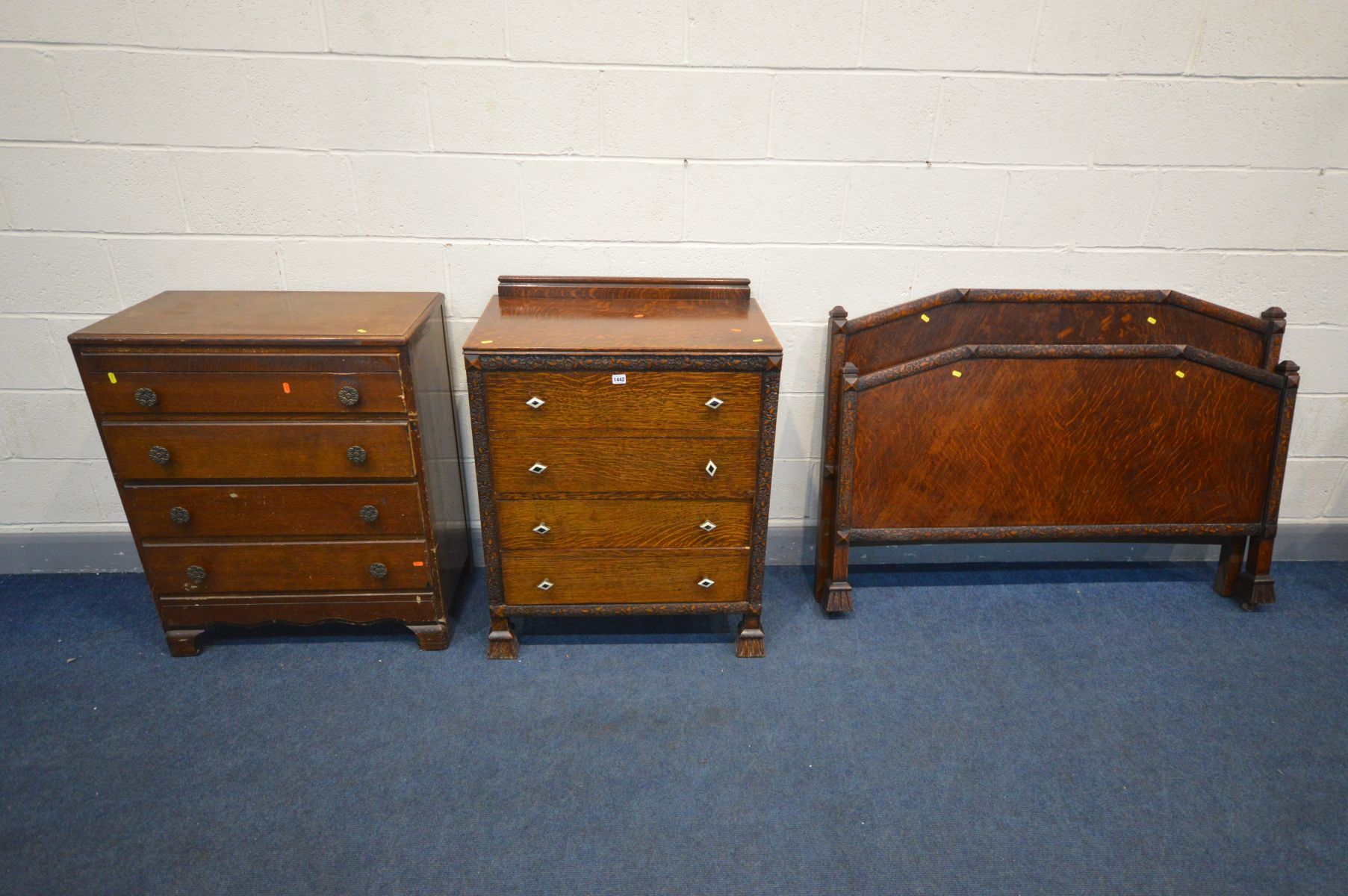 AN 1940'S OAK TWO PIECE BEDROOM SUITE, comprising a chest of four long drawers, width 76cm x depth