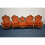 AN ITALIAN THREE PIECE LOUNGE SUITE, with open foliate detail, comprising a three seater settee, and