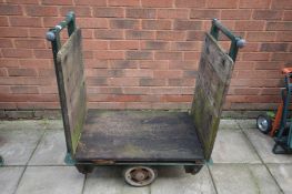 A VINTAGE WILLMOT TRUCKS OF DUDLEY PLATFORM/MILL TRUCK, width 84cm x depth 46cm x height 92cm