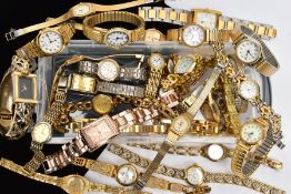 A SMALL BOX OF MAINLY LADY'S GOLD PLATED WRISTWATCHES, to include a hinged leopard bangle watch,