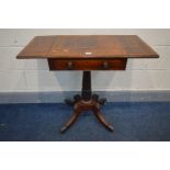 A REGENCY MAHOGANY AND CROSSBANDED DROP LEAF WORK TABLE, with a single drawer, fluted tulip support,