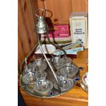 A MIDDLE EASTERN HANGING TRAY COFFEE SET WITH BOXED VINTAGE ITEMS, comprising a metal hanging tray