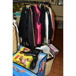 A QUANTITY OF LADIES CLOTHING, BOOTS AND SHOES, to include a large basket of clothes, coats,