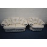 A CREAM BUTTONED LEATHER THREE PIECE LOUNGE SUITE, comprising a three seater sofa, approximate