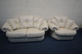 A CREAM BUTTONED LEATHER THREE PIECE LOUNGE SUITE, comprising a three seater sofa, approximate