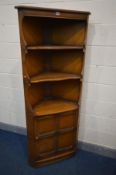 AN ERCOL ELM FREESTANDING CORNER CUPBOARD, with a single panelled cupboard door, width 76cm x