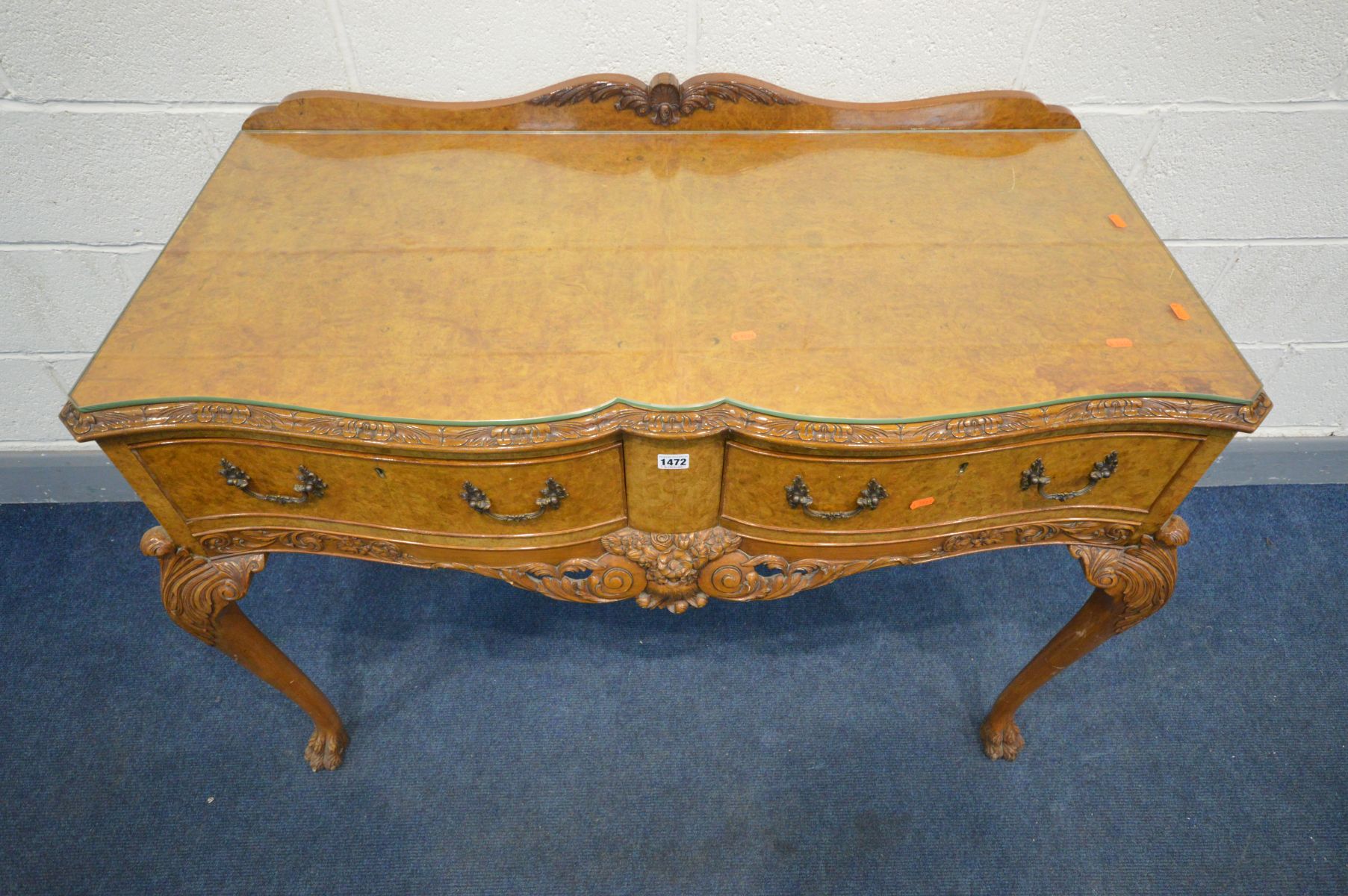 A REPRODUCTION VICTORIAN STYLE BURR WALNUT SERPENTINE SIDE TABLE, with a raised back, two frieze - Image 2 of 3